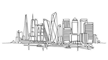 Obraz premium Modern City Skyline Continuous Line Drawing, Urban Landscape Art