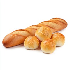 Fototapeta premium Freshly Baked Bread Loaves and Rolls on White Background with Natural Textures and Colors