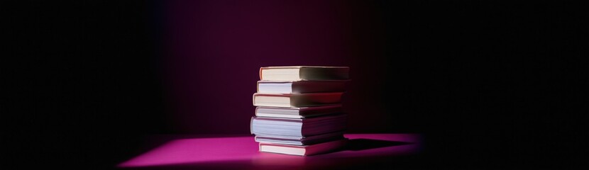 Fototapeta premium Books stacked under spotlight on dark stage surface