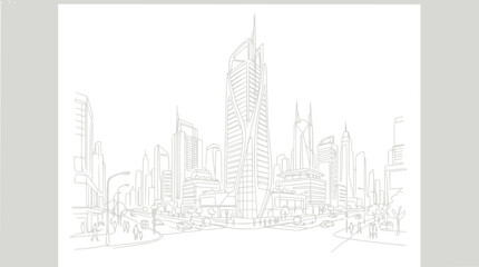 Fototapeta premium Modern City Skyline Sketch with Tall Buildings and Busy Streets