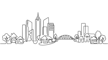 Obraz premium Continuous Line Drawing of Cityscape with Buildings, Houses, and Bridge