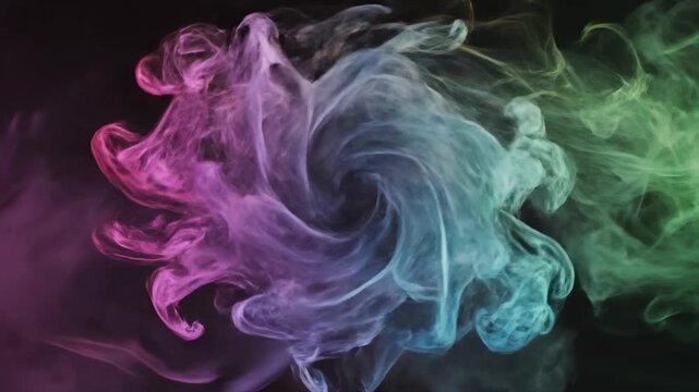 Abstrak Asap Neon. Gambar seni abstrak menampilkan semburan asap berwarna ungu, biru, dan cyan di atas latar hitam, menciptakan komposisi dramatis dengan nuansa modern, futuristik, dan artistik yang c