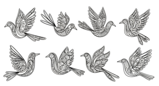 Eight hand-drawn stylized birds with intricate patterns, depicting doves in various flight poses, black and white line art for decorative purposes.