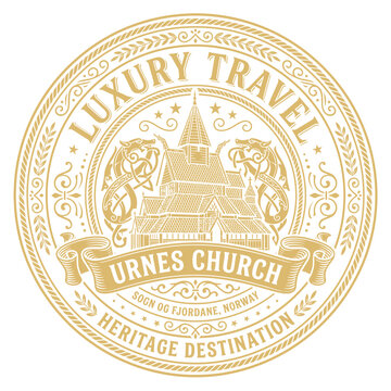 Luxury travel emblem featuring Urnes Stave Church vector illustration