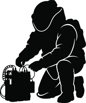 Bomb disposal expert in protective suit defusing explosive device.