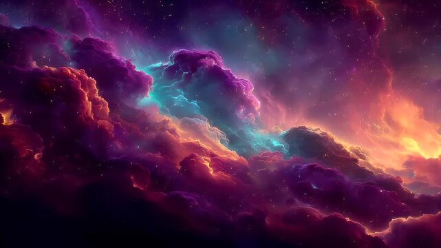 Space universe exploration, fantasy, mysterious. A vivid digital artwork depicts a cosmic scene. The sky is a tapestry of deep purples, blues, and fiery oranges.