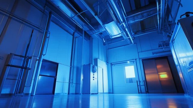 Empty pristine industrial room bathed in cool blue light, showing machinery, control panels, vents and cables on walls and ceiling, conveying sterile, high tech production space