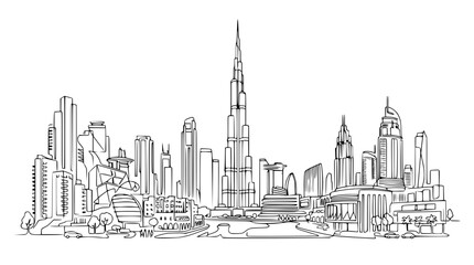 Fototapeta premium Dubai Skyline Sketch - Modern Cityscape Line Art Drawing