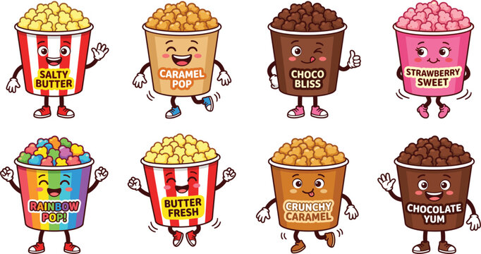 Cute popcorn cartoon character collection with colorful snack flavors isolated vector illustration set for food branding