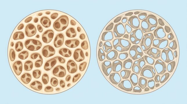 Microscopic bone transformation: healthy matrix, dense trabecula, porous network, disease progression, osteoporosis impact, skeletal fragility, medical science.