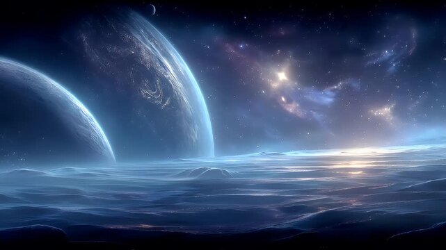 Space universe exploration, fantasy, mysterious. A vivid digital artwork depicts a celestial scene. A large, icy planet with a prominent, swirling pattern is the main subject.
