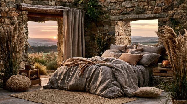 Cozy bedroom sanctuary with rustic stone walls and serene sunset view