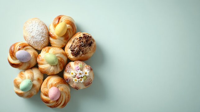 Easter pastries arranged in a tight cluster on pastel background, outer frame left completely empty, strong commercial composition