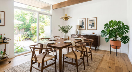Fototapeta premium Mid-Century Modern Dining Room Interior with Walnut Table and Monstera Plant