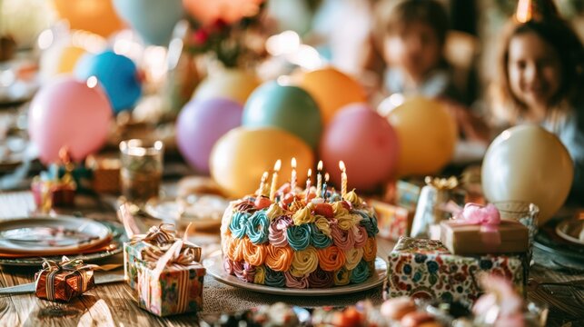 Festive birthday cake with lit candles surrounded by colorful balloons and gifts