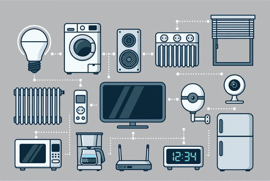 Smart home technology infographic showing various household appliances like a tv washer fridge and light bulb connected by digital dotted lines.