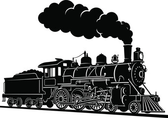 Silhouette of a vintage steam locomotive train with puffing smoke, detailed classic engine on tracks, industrial transportation artwork. © Mihal