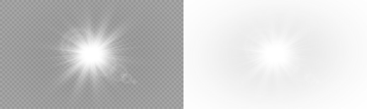 Vector transparent light flare, sunlight special lens flare light effect. Stock royalty free PNG image.