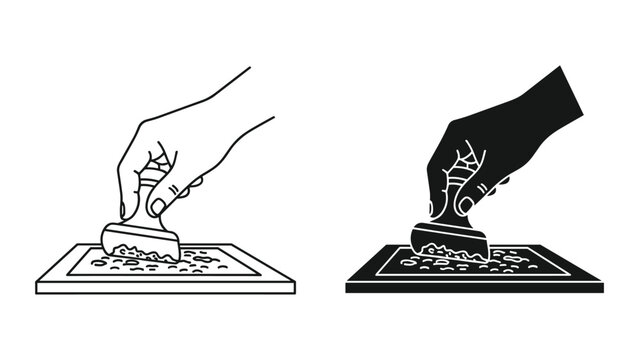 Black and white illustration of a hand stamping or imprinting on a surface with a brayer tool on white background