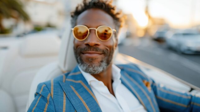 A dapper man with a stylish suit and sunglasses smiles confidently while enjoying a ride in a luxury convertible, showcasing elegance and freedom on the open road.