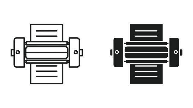 Black and white line art illustrations of a paper shredder machine from front view in outline and solid style
