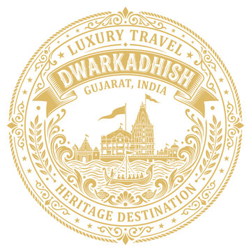 Dwarkadhish Temple Gujarat India luxury travel vintage emblem vector illustration