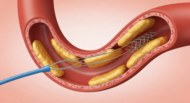 Medical illustration of coronary artery stent placement for plaque