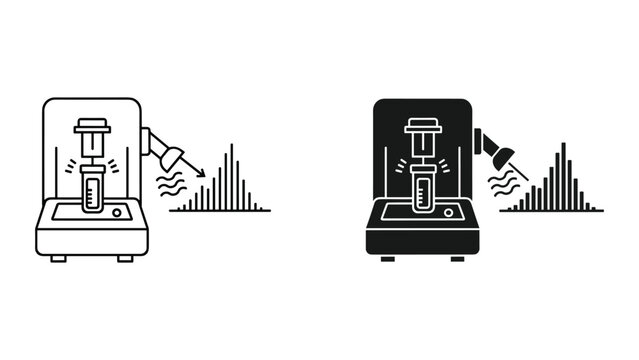 Black and white line icons of 3d printer with heat lamp and bar graph