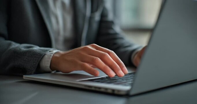 Business professional types on laptop, close-up shot of hands on keyboard.