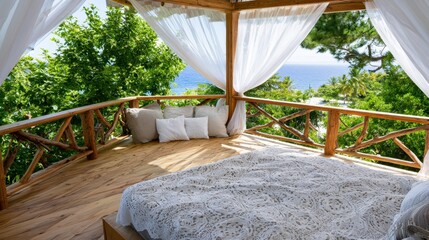 Naklejka premium Tropical open-air bedroom with ocean view and canopy bed