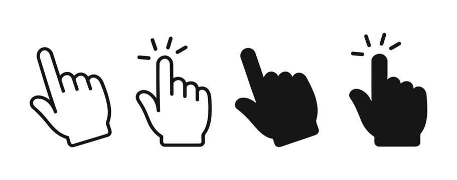 Hand click cursor icon set, outline and solid black pointer finger collection with clicking rays, flat vector symbols for web and mobile UI.