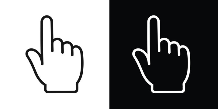 Hand pointer cursor icon set, black and white outline finger pointing up, thin line vector illustration for web and mobile interface.