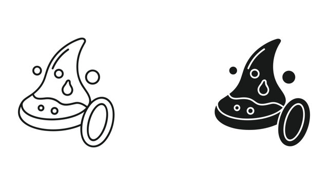 Vector illustration of a black and white cartoon poop emoji on wheels with bubbles