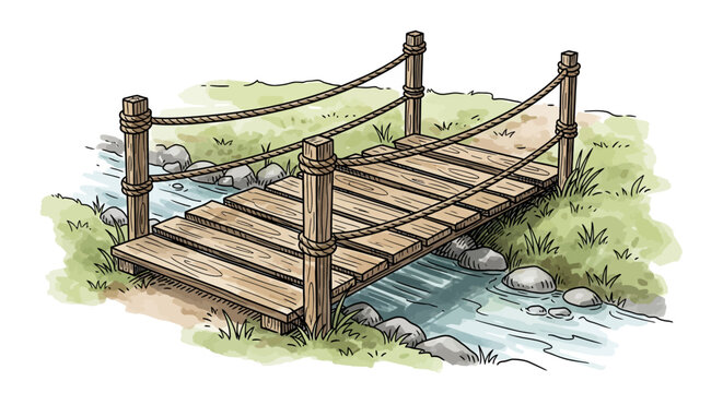 watercolor illustration of small wooden bridge over stream with grass and rocks