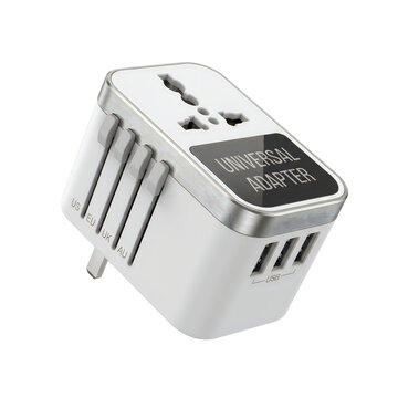 A white universal travel adapter with multiple plug types and USB ports is shown against a white background.