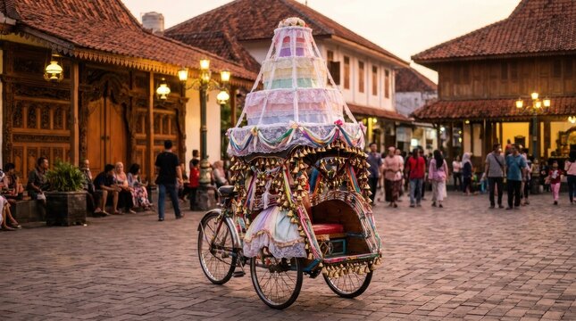 Ornate Indonesian pedicab becak with a multi-tiered decorative pastel canopy and bells, parked on a cobblestone square with traditional Javanese architecture at dusk and people.