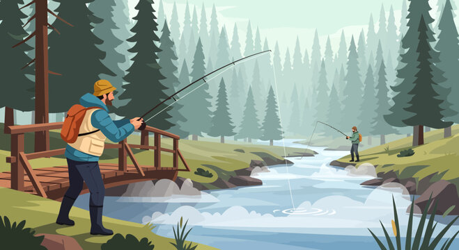 Man fishing by river with rod.