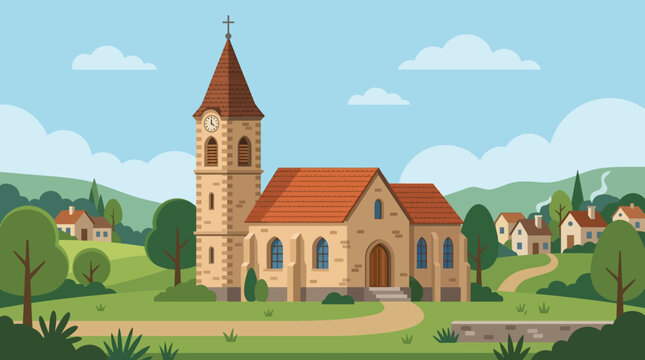 Historic Stone Church with Steeple and Red Roof.