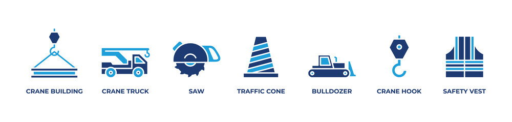 Obraz premium Building Progress Safely Icons set vector illustration blue with Crane building, Crane truck, Saw, Traffic cone, Bulldozer, Crane hook, Safety vest