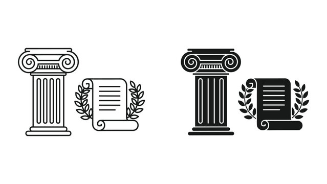 Black and white illustrations of ancient greek columns and scrolls with laurel wreaths on a white background