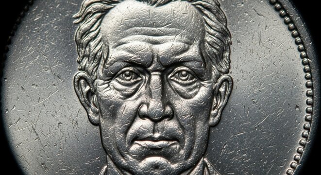 Macro Close-up of a Vintage Silver Coin Featuring a Detailed Portrait of a Man with Scratc