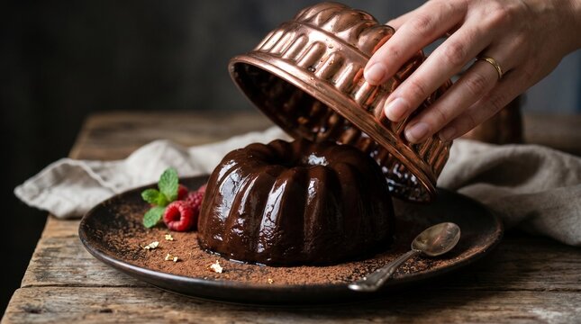 Decadent dark chocolate bundt cake freshly unmolded, garnished with fresh raspberries and mint, served on a rustic plate
