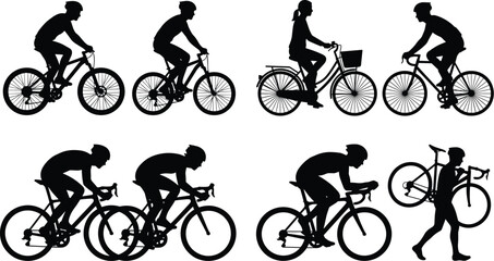 Obraz premium Set of black silhouettes featuring various cyclists riding mountain bikes, road bikes, and city bicycles isolated on white background