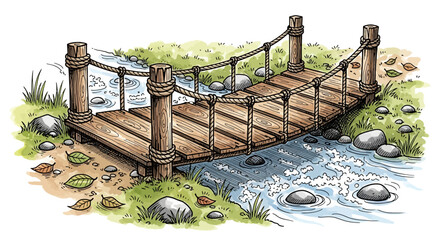 Obraz premium whimsical wooden bridge over stream with rocks and grass illustration