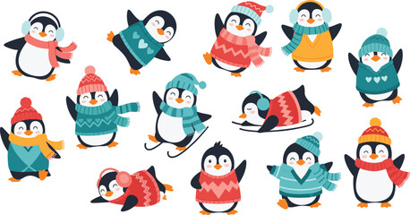 Cute Winter Penguin Cartoon Character Set with Cozy Sweaters and Scarves for Christmas Holiday Designs © Kamal