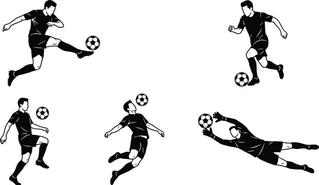 Set of five professional soccer player silhouettes illustrating various football skills including volleying dribbling juggling heading and goalkeeper diving save