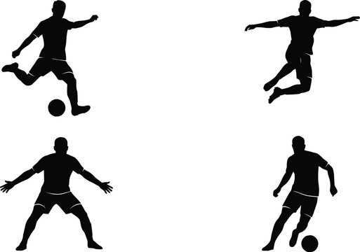 Set of four professional soccer player silhouettes performing various football actions including kicking striking dribbling and defending on a white background