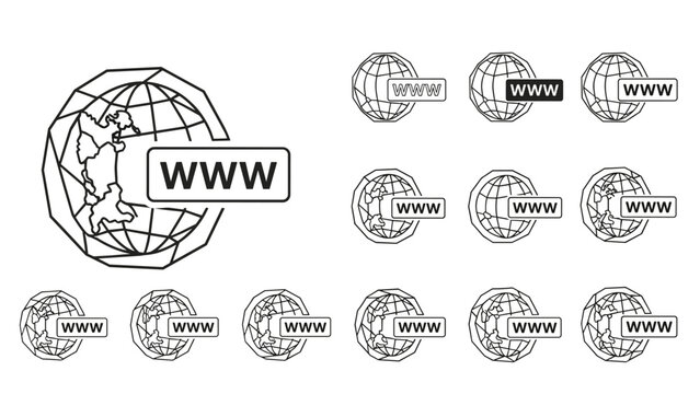 Collection of world wide web icons featuring globe diagrams and www text in multiple monochromatic and outline vector styles.