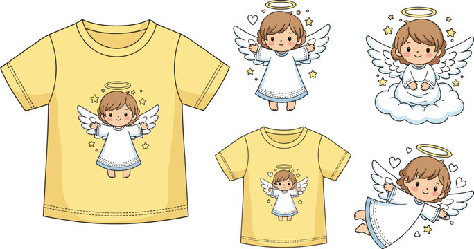 Cute Baby Angel Cartoon Character Set with Flying Cherub Icons and T-Shirt Mockup Illustration