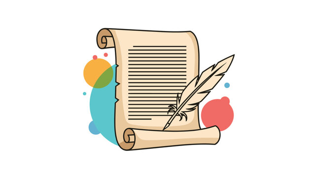Aged paper scroll with a feather quill pen on a background of abstract colorful circles for historical or literary themes.